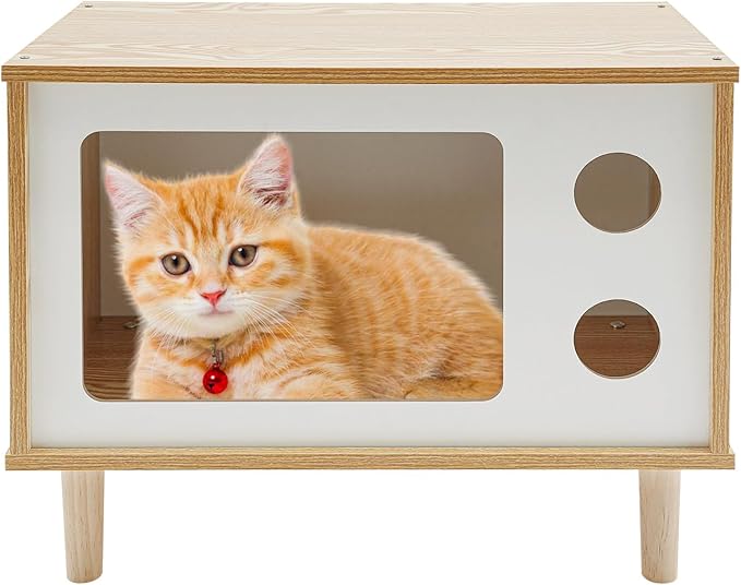 Solid Wood Cat House Nightstand, TV-Shaped Pet Bed with Peek-a-Hole, Modern Cat Furniture for Indoor Cats, Multi-Functional Bedside Table Load 165lb, 19.7" L x 11.4" W x 15.7" H