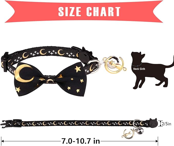 2 PCS Breakaway Cat Collar with Bow Tie and Bell Golden Moon Glowing Star in The Dark for Kitten(Black&Pink)