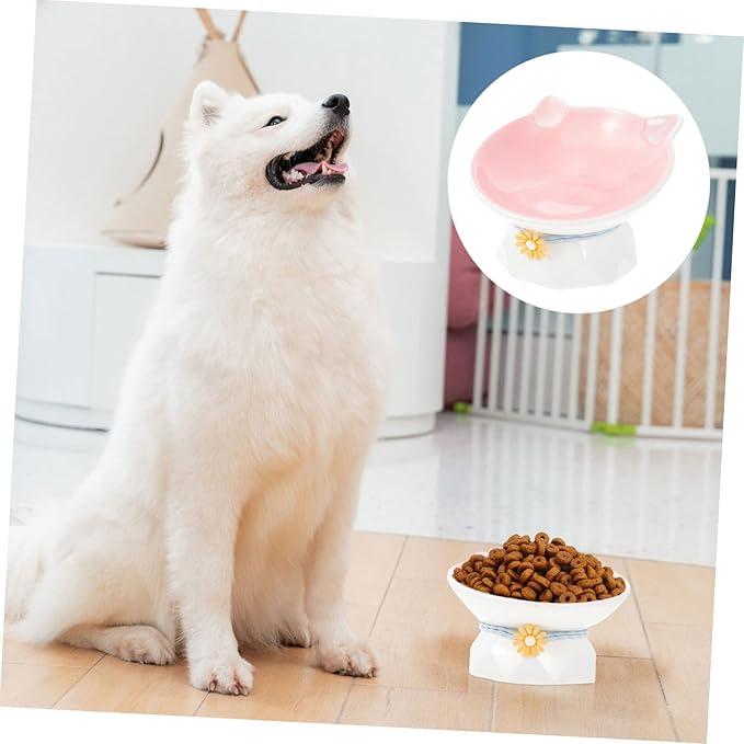 Happyyami 1pc Ceramic Cat Bowl Elevated Design Spinal Feeding Dish for Cats and Kittens Water and Food Container Non- Base Ear Style
