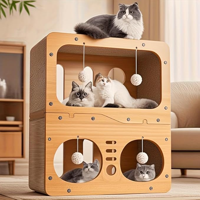 Cat Scratcher Cardboard House, 2 Floor Kitty Scratching Pad Lounger Bed, Kitten Small Animals Play, Rest, Sleep,Scratch Post Box,Durable Board Entertain Feline Friends Prevent Furniture Damage