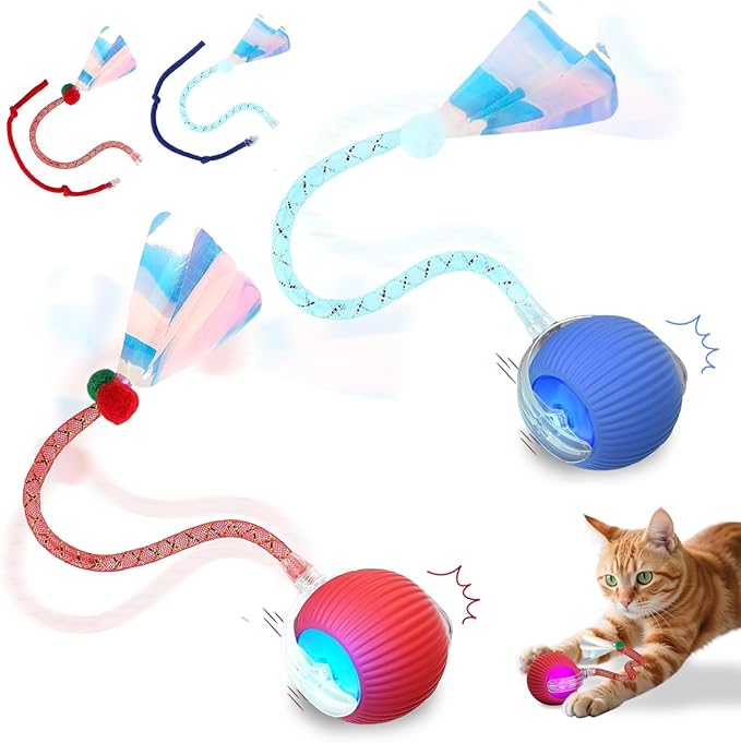 2PCS Interactive Cat Toys Smart Ball for Cats and Dogs, 360° Automatic Rolling Chase, 2 Rapid-Action Tails, Designed for Indoor pet Exercise, Boredom Relief, and Fun Chase Play.（Red＆Blue）