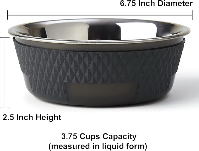 PetRageous 16019 Kona Stainless Steel Non-Slip Dishwasher-Safe Dog Bowl 3.75-Cup 6.75-Inch Diameter 2.5-Inch Tall for Medium and Large Dogs and Cats 30-Ounce, Grey