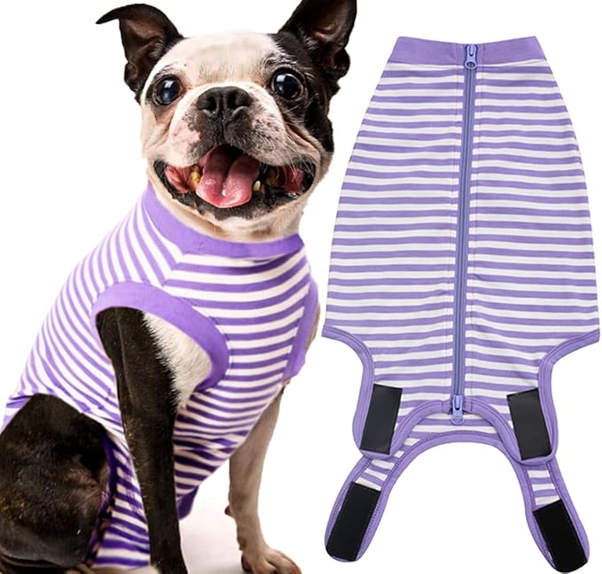 Dog Recovery Suit Medium,Female Spay Male Surgery Recovery Shirt,Soft Combed Cotton Puppy Suit,M Purple-White Striped
