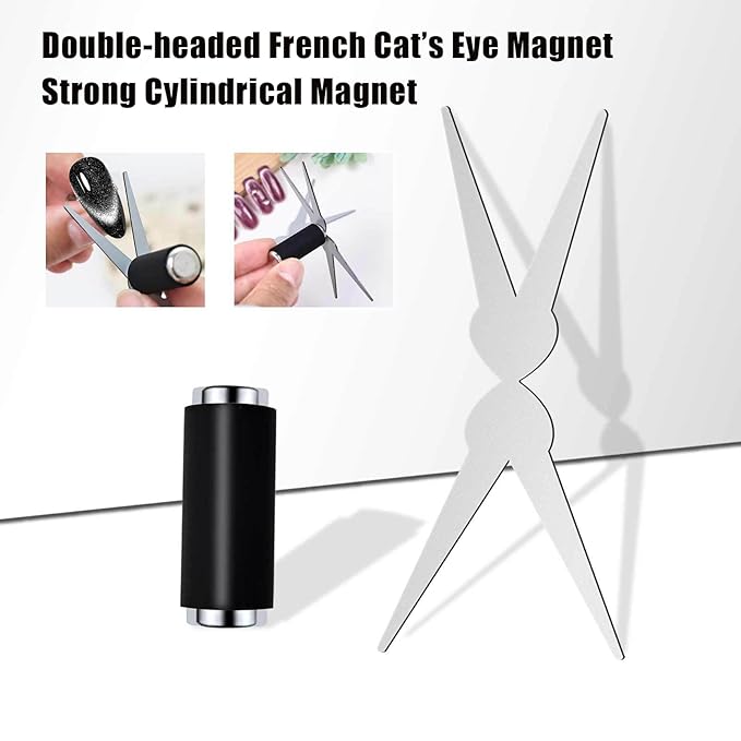 Cat Eye Gel Polish Double-Head Magnet Wand + Y Shaped Iron for French Cat Eye Effect Black Strong Cylinder Magnet Cat Eye Magnetic Bar for Home Salon Nail Art Tools