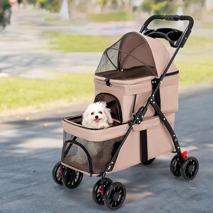 YYW Double Pet Stroller for Small Cats and Dogs, Foldable Kittens Puppies Travel Strolling Cart with 2 Carriages, Cup Holder & Lockable Wheels, Ideal for Multi-Pet Families(Khaki)