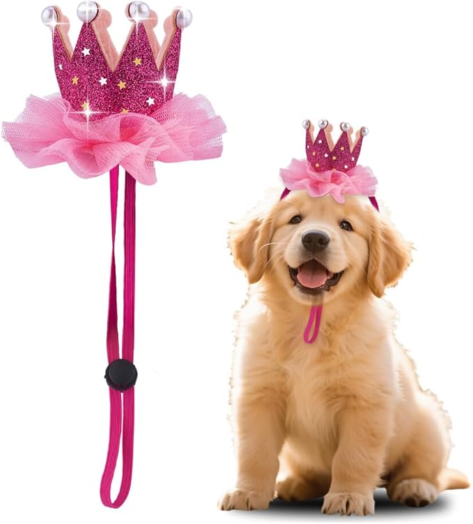Lace Crown Dog Birthday Hat for Boy Girl Dogs Cat Birthday Party Hat with Pearls for Pet Hot Pink Birthday Hats for Pet Adjustable Dog Cat Kitten Bday Hat for Pets Birthday Party Hats