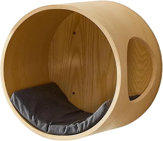 Soild Wood Round Wall Mounted Cat Bed Shelves, Cat Climbing Frame with Cushion, for Cats Sleeping, Playing, Climbing (Wood Color)