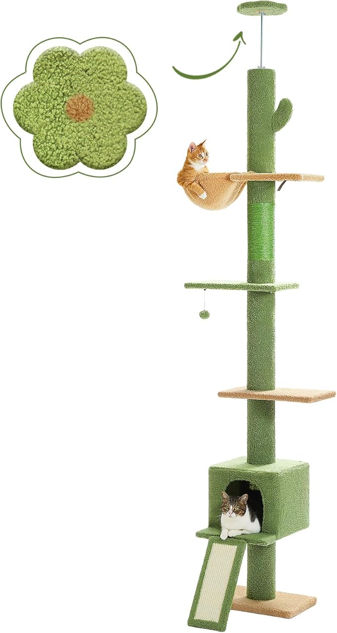 PETEPELA Floor to Ceiling Cat Tree, Cat Tower 5 Tiers Tall (83-108 Inches) Adjustable Height, Cat Climbing Tree Featuring with Condo, Scratching Post and Perches for Indoor Cats, Green