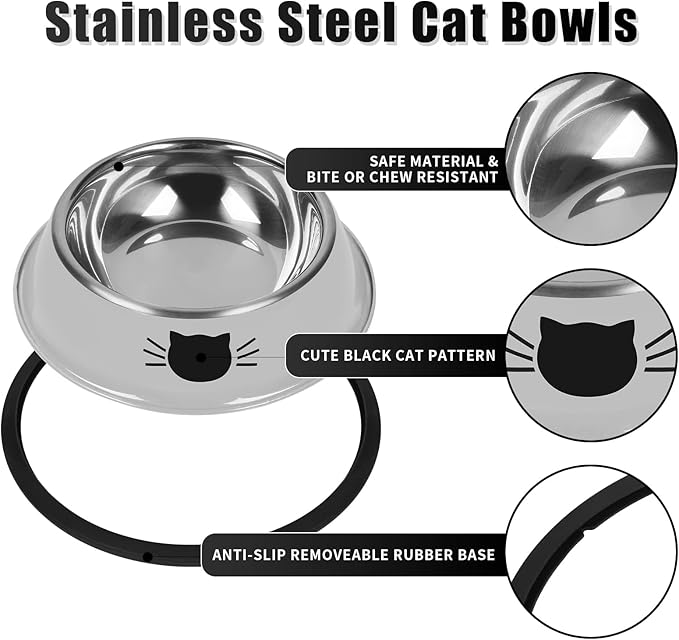 Serentive 2 Pcs Non-Slip Stainless Steel Small Cat Food Bowls - Unbreakable, Thicken 7 Oz Cat Dishes - Indoor, Removable Rubber Base, Easily Clean, Lovely Color