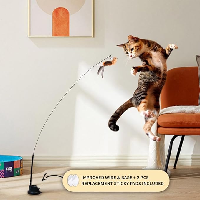 Leo's Paw The Original Interactive Bird Simulation Cat Toy Set Realistic Colorful Feathers Bells Wand Self-Holding Suction Base Stimulating Real-Life Flying Bird Impression Hunting Play (w. 5 Birds)