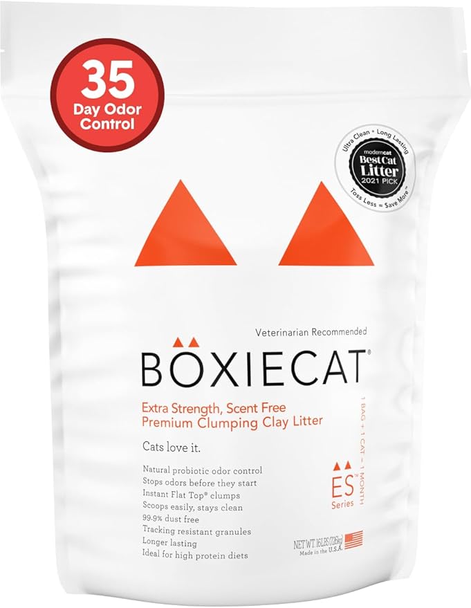 Boxie® Extra Strength 35 Day Odor Control Clumping Clay Cat & Kitty Litter 16lb, 99.9% Dust-Free, Probiotic Formula, Long-Lasting, Veterinarian Approved, Easy Scooping for Multi-Cat Homes