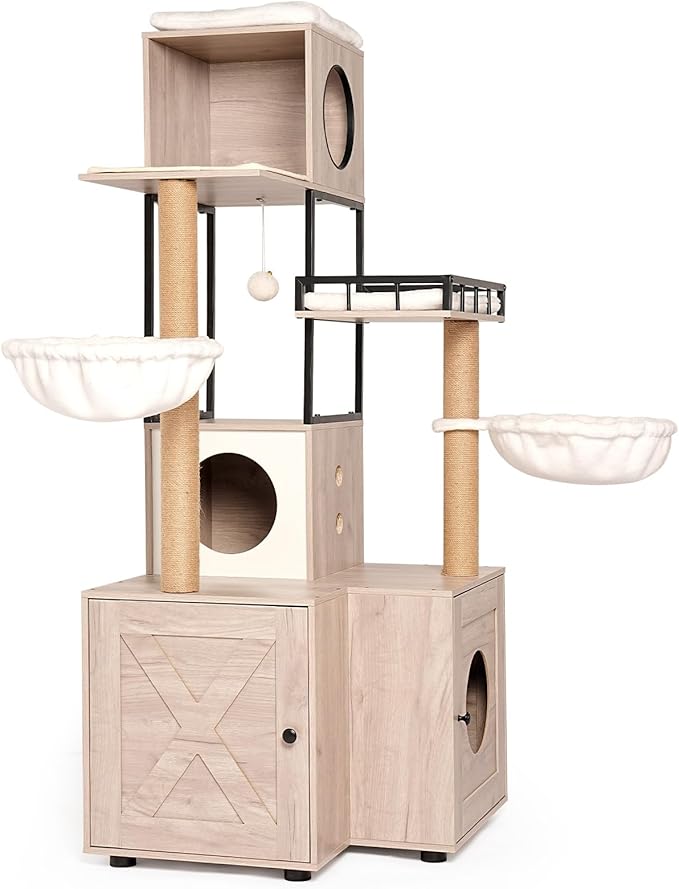 Modern Cat Tree Condo Tower Cat House Washroom Furniture Litter Box Enclosure with Scratching Posts, Hammocks, Removable Washable Cushion & Toy Hanger, White+Gray(25.60" Lx25.60 Wx63.00 H)