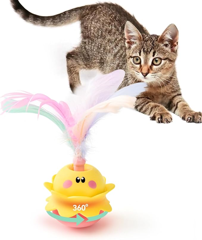 LIFLIX Interactive Automatic Cat Feather Toy, Rotating with LED Light, Rechargeable Electronic Chirping Toys for Indoor Cats, Yellow