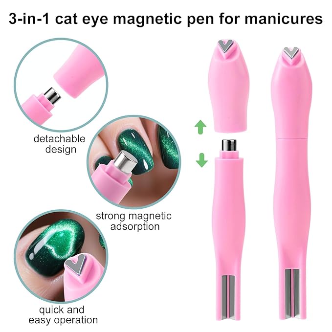 3 In 1 Cat Eye Nail Magnet, Cat Eye Gel Polish Magnetic Pen Versatile Magnet Tools Line & Heart Shaped Round Accessories for Home DIY Art Salon Studio