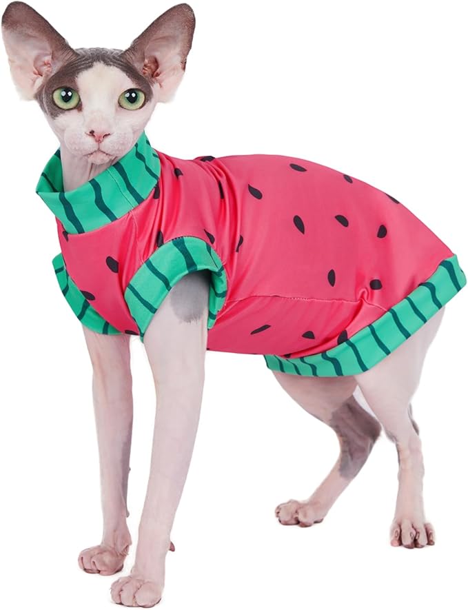 Sphynx Cat Watermelon Shirt &Sun Hat for Summer, Cooling Breathable UPF 50+ Shirt for Cats & Small Dogs Apparel, Shirt and Hat Set for Cats (L (5.5-8lbs))