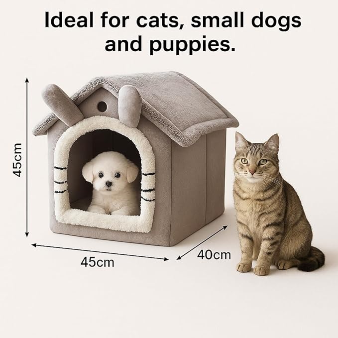 Cat House Bed for Indoor Cats, Covered Plush Cat Cave with Washable Cushion Pillow, Warm Kitten Tent Bed for Small Pets