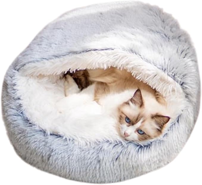 Cat Bed, Plush Hooded Cat Beds for Indoor Cats, Calming & Self Warming Cat Bed Cave, Cozy for Indoor Cat or Small Dog Bed, Removable & Washable with Non-Slip Bottom (Blue,Small)