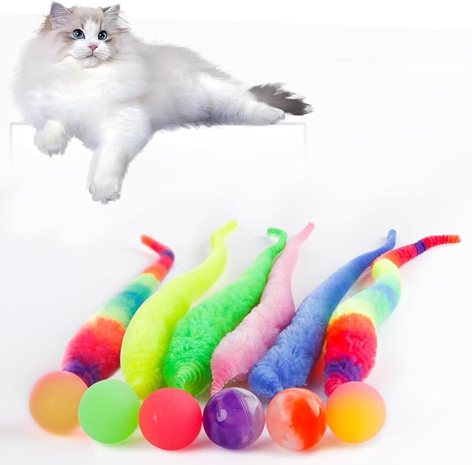 Bouncy Ball With Tail Cat Toy, 6 Packs Rainbow Magic Worm With Ball for Cats, Colorful Fuzzy Worm Bouncy Balls (Rainbow Large)