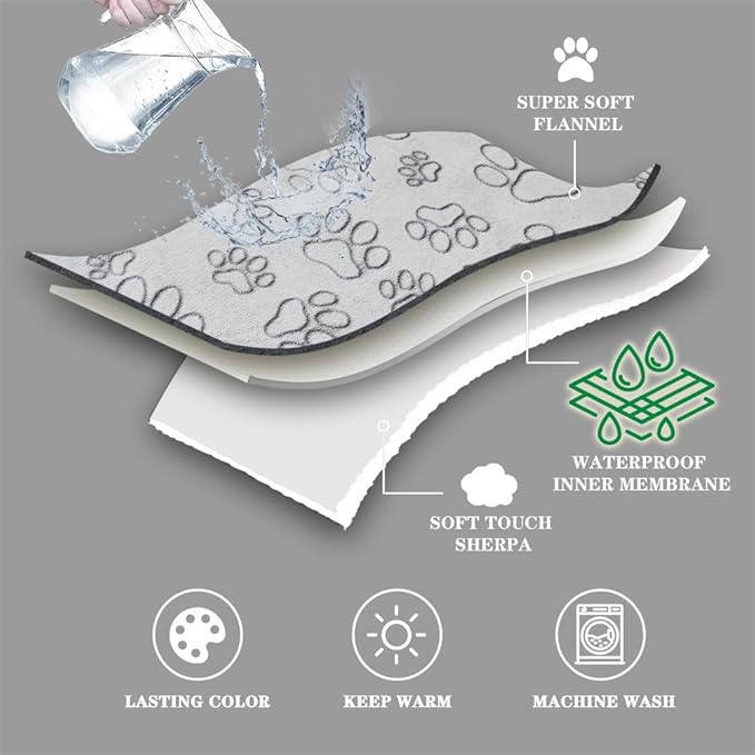 Qeils Pet Blankets for Couches, Waterproof Dog Blankets for Large Dogs, Sherpa Fleece Puppy Blanket, Soft Plush Reversible Dog Blanket, Couch Cover for Dogs Washable, 30"X70", Grey Paw Print