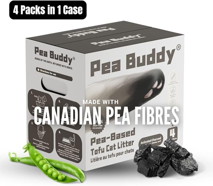 Pea Based Cat Litter, Dust Free Cat Litter, Low Tracking, and Natural Odor Control, Scented and Unscented (4 Pack (1 Case), Charcoal-Unscented)