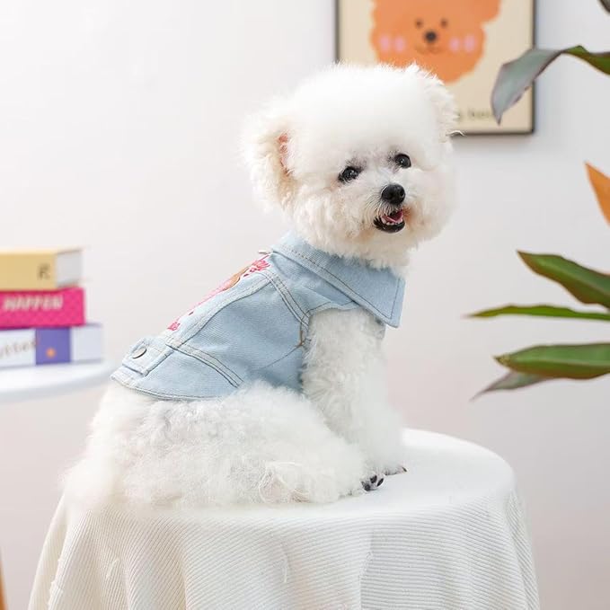 Valentine Denim Dog Jacket for Small Dogs Cats, Cute Cowboy Heart Embroidered Pet Vest with D-Ring for Leash, Lightweight Puppy Outfit for Daily Wear & Holidays(S)