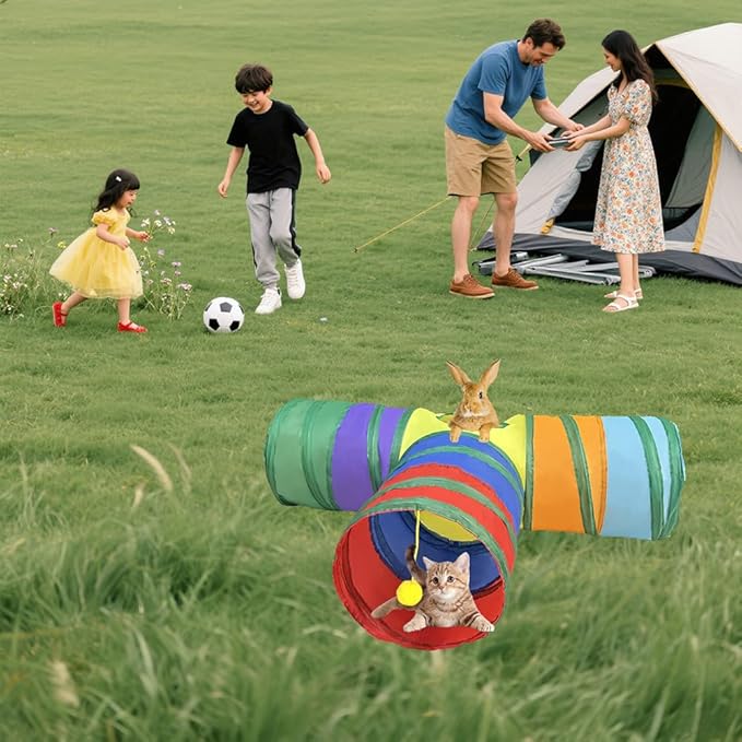 Cat Tunnel Tube Toy Collapsible 3 Way Rainbow T-Shape, Pet Tunnels for Indoor Cats, Hanging Ball Perfect for Kitten, Puppy, Rabbit, Interactive Toys for Fun Playtime & Exercise