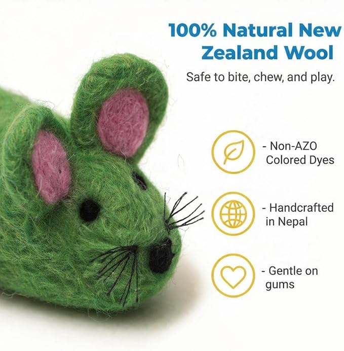 Glaciart One Felt Mouse Cat Toy – Soft Fuzzy Enrichment 100% Natural Wool - Interactive Catnip Play Cat Toy Set - Safe for Pets, Non-AZO Colored Dyes - 100” Long