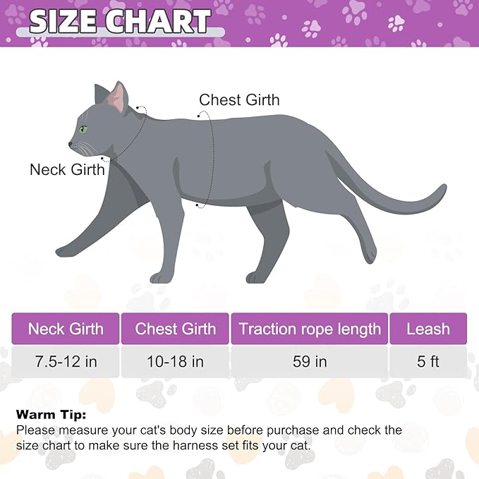 KOOLTAIL Cat Harness and Leash Set, Escape Proof Adjustable Kitten Harness for Walking Travel, Safe & Easy Control Outdoor, Lightweight Soft Pet Harness for Small Medium Large Cats, Purple