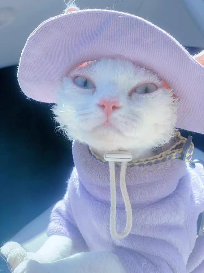 Sphynx Cat Clothes Winter Turtleneck Soft Coral Fleece Cat Clothes Thicken Warm Pajamas Coat for Hairless Cats and Small Cat Apparel with Sleeves (Taro Purple, L (6-9.3lbs)