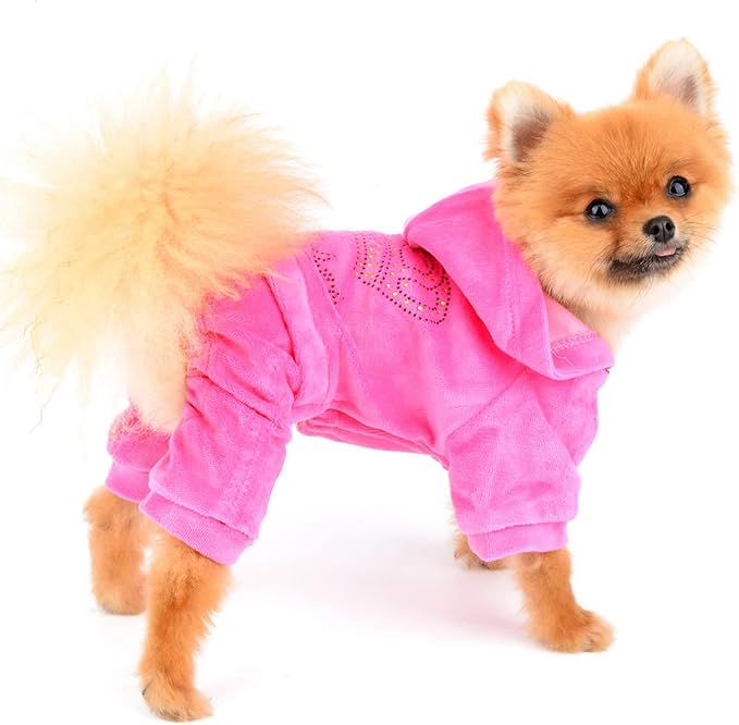 SEIMAI Dog Hoodies Jumpsuit for Small Dog Cat Puppy Rhinestone Crown Soft Velvet Autumn Winter Hooded Pajamas Tracksuit Outfits Sportswear Jacket with Hat Training Outdoor Pink M