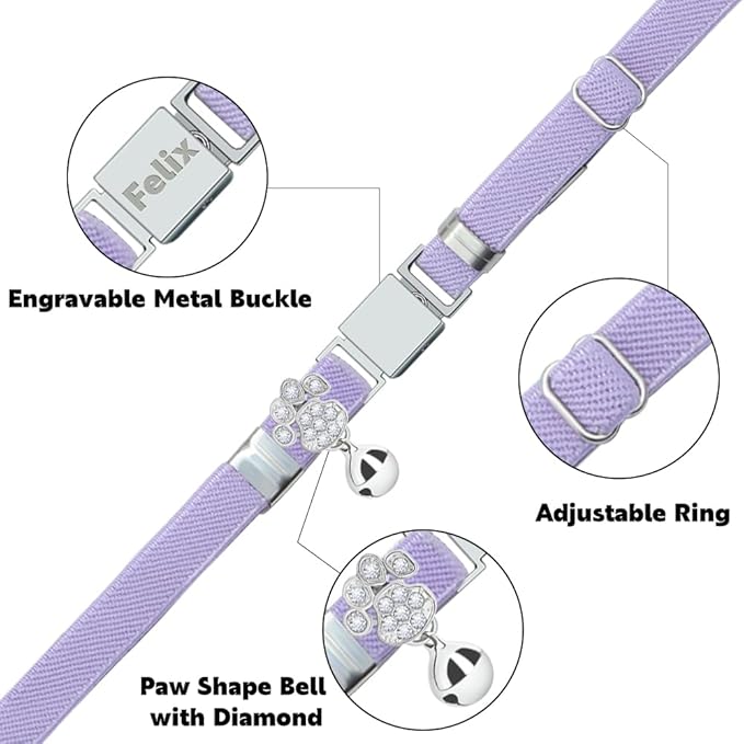 Personalized Safety Elastic Cat Collars with Bell,Laser Customized Stretch Kitten Collars for Girls Boys Cats-Purple