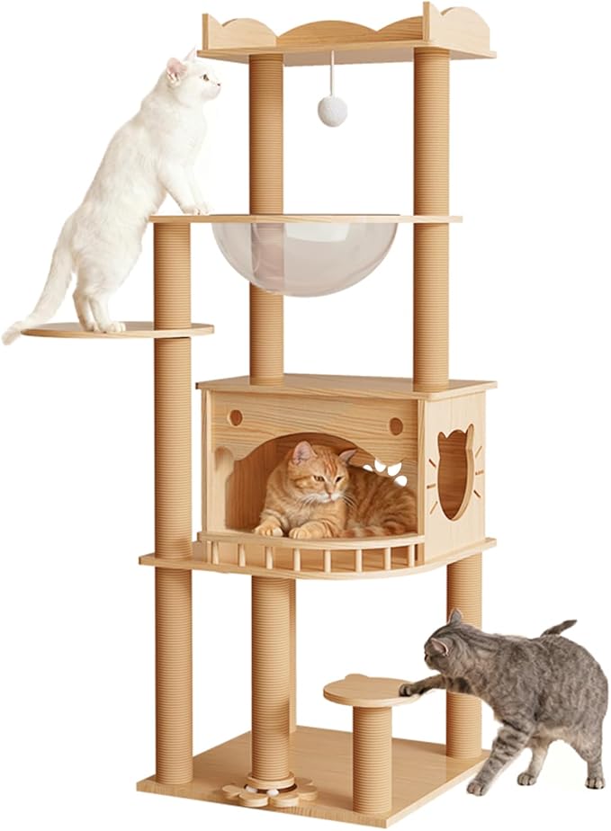 KVIDA Solid Pine Wood Cat Tree for Indoor Cats, 56.7” Tall Modern Cat Tower with Clear Acrylic Hammock & Condo House, Heavy Duty Wooden Cat Tree for Large Cats with Sisal Scratching Posts