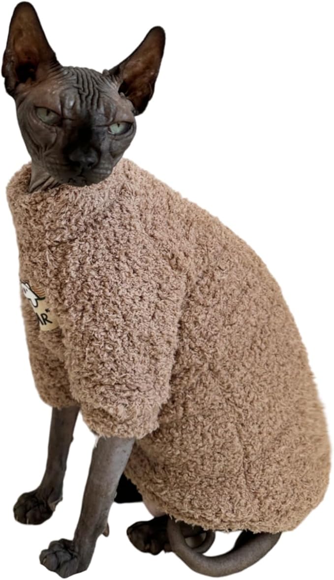 Sphynx Cat Clothes Hairless Cat Super Soft Warm Fleece T Shirt Elastic Winter Sweater Outfit, Pet Clothes for Sphynx Cat Coat for Cats and Small Dogs Apparel (Brown, Large)