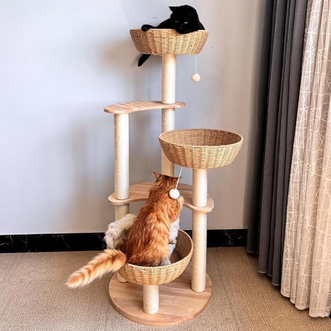 54" Modern Cat Tree for Large Cats, Wood Luxury Multi-Level Oak Solid Wood Cat Trees Cat Towers with 3 Rattan Weaving Cat Nests & Washable Cushions, Sisal Scratching Posts, for Indoor Cats-Lacquered