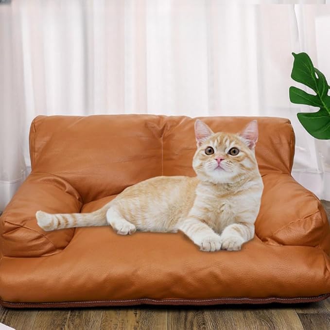 Dog Cat Sofa and Chair PU Leather, Couch Soft Calming Bed for Medium Small Cats and Dogs, Pet Furniture (Coffee, Medium)
