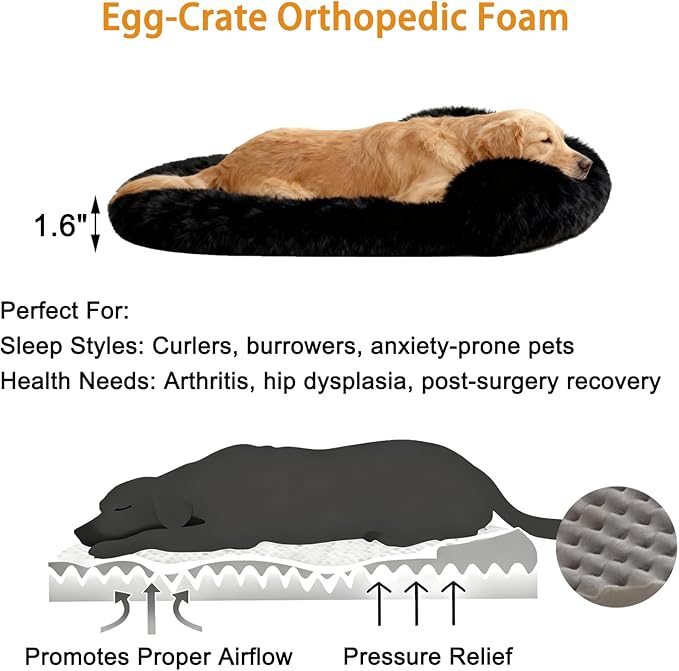 Orthopedic Dog Bed with Egg-Crate Base, Calming Dog Beds Fluffy Plush Faux Fur with Raised Edges, Spine Friendly Pet Sleeping Mat for Medium Large Dogs, Machine Washable (Oval, Black 32"x24")