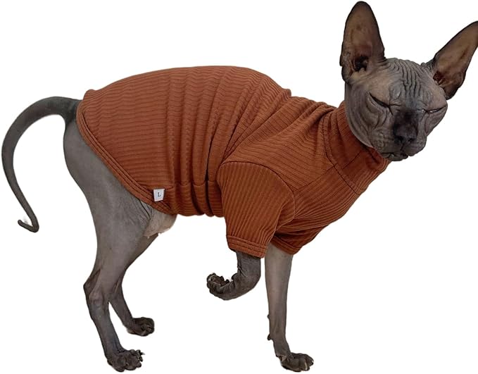 Sphynx Hairless Cats Shirt Cotton Cat Turtleneck Sweater Pullover Kitten T-Shirts with Sleeves Cat Pajamas Jumpsuit for Sphynx Cornish Rex, Devon Rex, Peterbald (Coffee, Small)