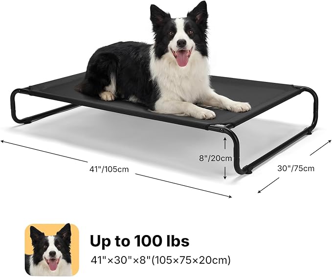 Veehoo Cooling Elevated Dog Bed, Outdoor Dog Bed for Large Dogs, Raised Dog Cot with Thickened Frame, Durable Teslin Mesh & Anti-Slip Rubber Feet, Pet Hammock for Indoor or Camping, 41" x 26", Black