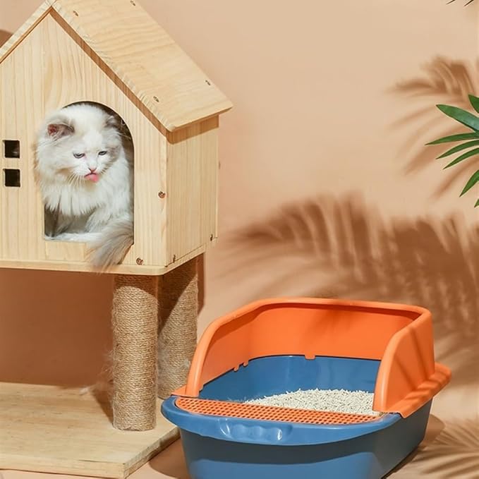 Pet Supplies, Splashproof Semi-Closed Cat Litter Box, Rectangle Pan for Cats(Green,Medium)
