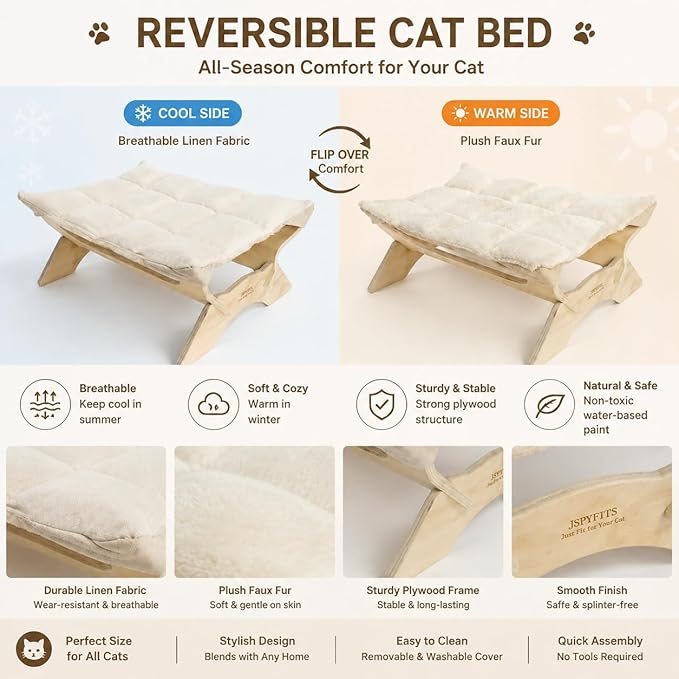 JSPYFITS Elevated Cat Bed Hammock, Raised Orthopedic Dog Bed with Dual-Sided Plush & Linen Cushion, Modern Cat Furniture for Medium to Large Cats, Easy Assembly(White)