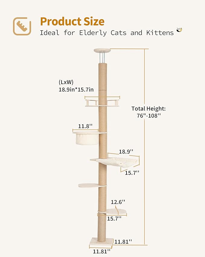 Aechonow 9ft Floor to Ceiling Cat Tree for Large Cats, 5'' Deep Nest-Like Hammock for Indoor Kittens, 5-Tier Adjustable Cat Tower(76-108Inch), Beige