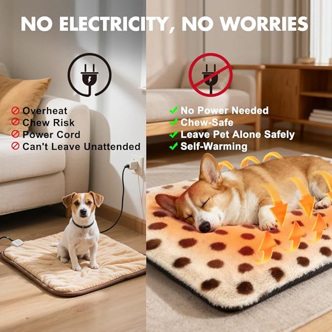 Self Warming Mat for Cats Dogs Self Heating Thermal Pad for Crates Cages Couches Beds 24" L x 17.7" W Removable Cover Non-Slip Bottom Indoor Outdoor Brown S