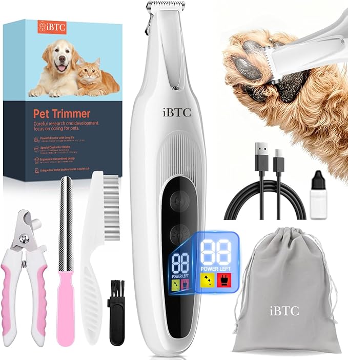 iBTC 2026 New Pet Precision Trimmer, Dog Paw Trimmer with LED Light, Low Noise, IPX Waterproof, Dual-Speed Motor, Suit for Trimming Paw, Ear, Face, Butt, Eyebrows, USB Rechageble