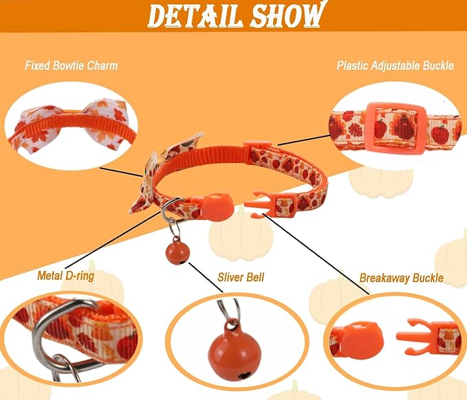 2 Pack Fall Cat Bowtie Collar with Bell, Thanksgivng Holiday Kitty Kitten Collars for Boys Girls Males Female Cats