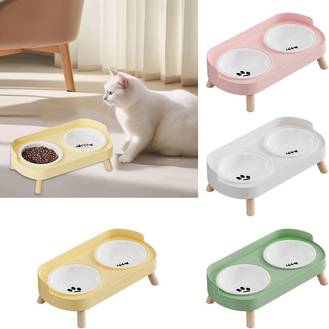 Elevated Double Bowl Ceramic Pet Food Bowls Nonslip Base Feeding Watering Dishes for Dog Cats Scratch Design Scratch Ceramic Pet Bowl