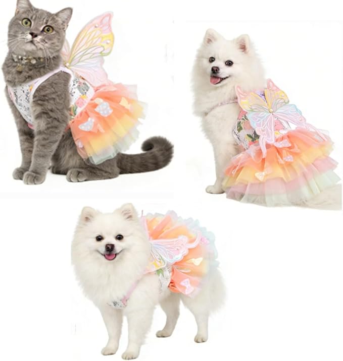 Butterfly Fairy Dog Dress with Wings, Rainbow Tulle Tutu Costume for Small Dogs Cats Rabbits, Adjustable Princess Pet Outfit for Halloween Christmas Easter Birthday (Colorful-Butterfly, Medium)