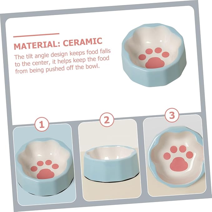 Ceramic Tilted Cat and Dog Food Bowl with Cute Animal Paw Print, Small Blue Pet Dish for Feeding and Watering, Suitable for Cats and Small Dogs