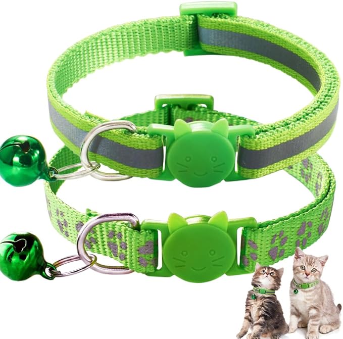 Breakaway Kitten Collar with Bell, 2 Pack Reflective XS Cat Collars Girl Cute Soft Safety Buckle Quick Release for XXS XSmall Extra Small Tiny Little Female Pet Light Green