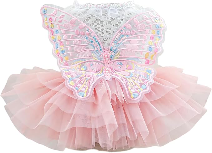 Fairy Dog Dress Cat Princess Outfit with Pink Tulle Skirt & Butterfly Wings, White Knit Top with Lace Collar, Pet Clothes for Small Dogs Cats Birthday Wedding Halloween 2.2-3.3lbs(Pink,XS)