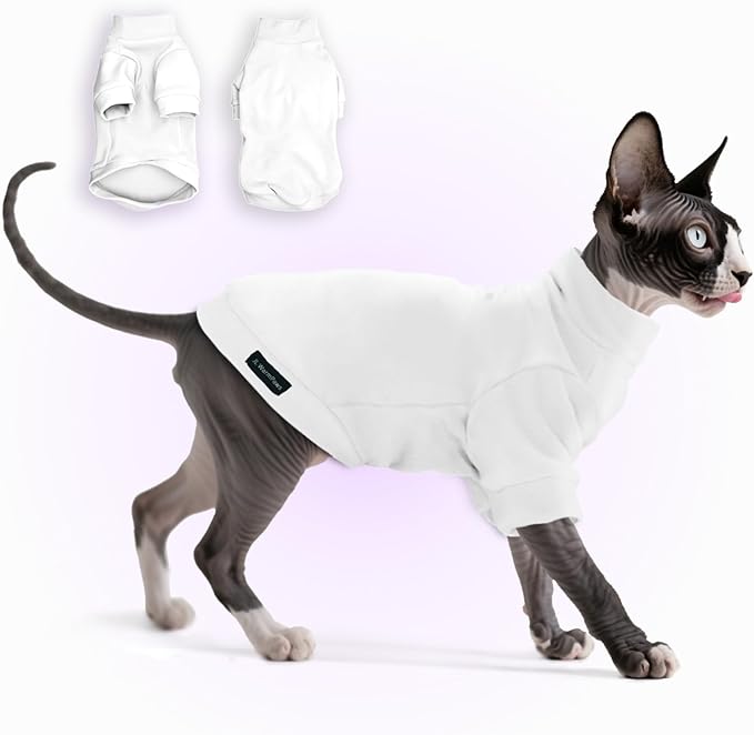 Fleece Sphynx Cat Clothes Soft Hairless Cat Clothes Pullover Cat Sweater for Chihuahua All Season Light and Warm Kitten Cloth for Cats Only Puppy Clothes Small Dog Sweater (White, Medium)